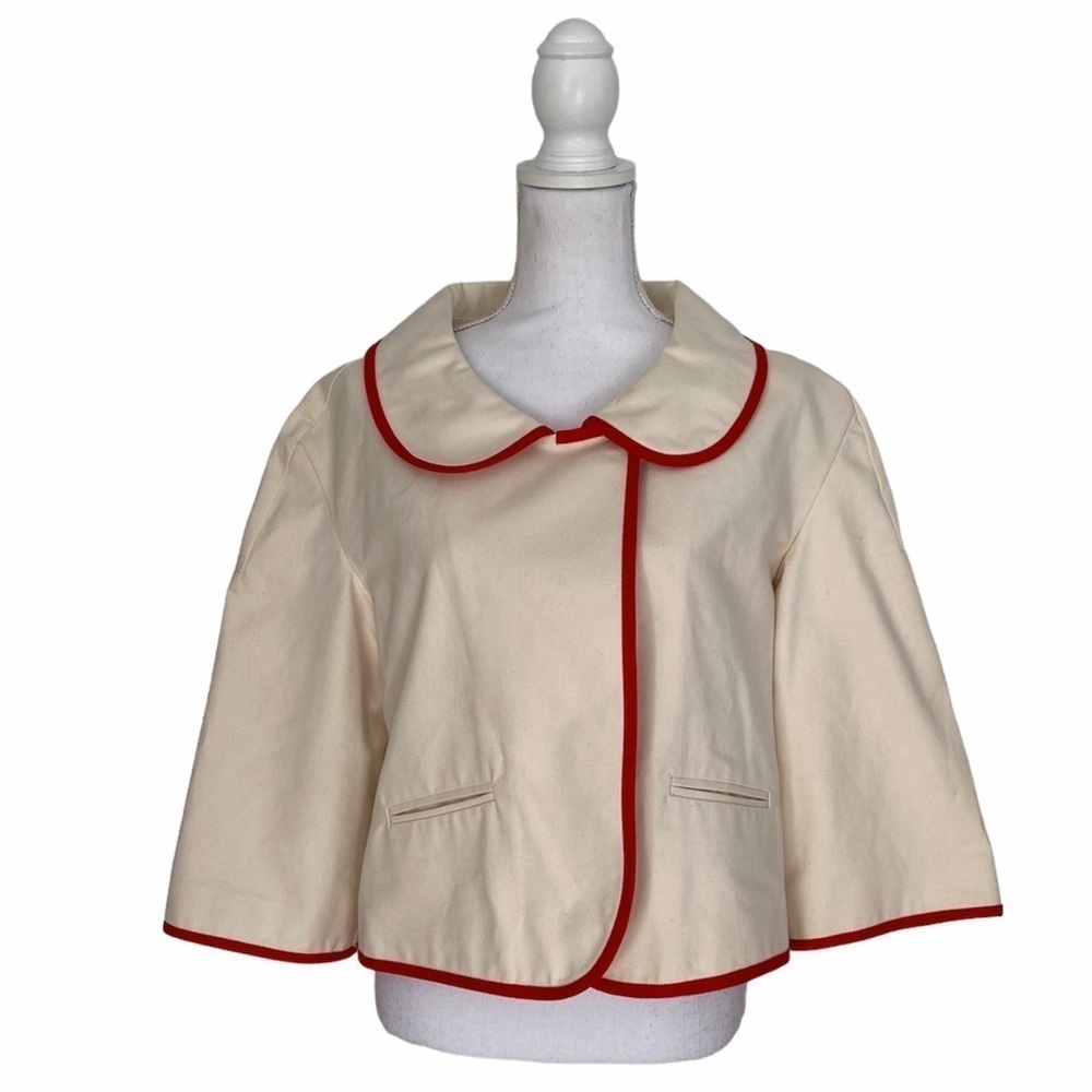 Kate Spade- NWOT Ivory Canvas Cropped Jacket with Red Piping Trim